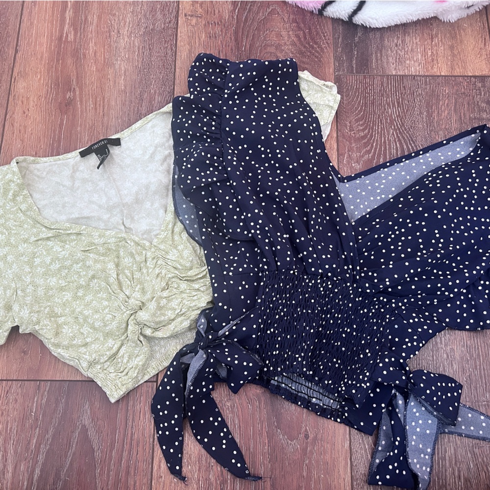 Navy Polka Dot Blouse and Light Green Blouse Set XS and S Women’s